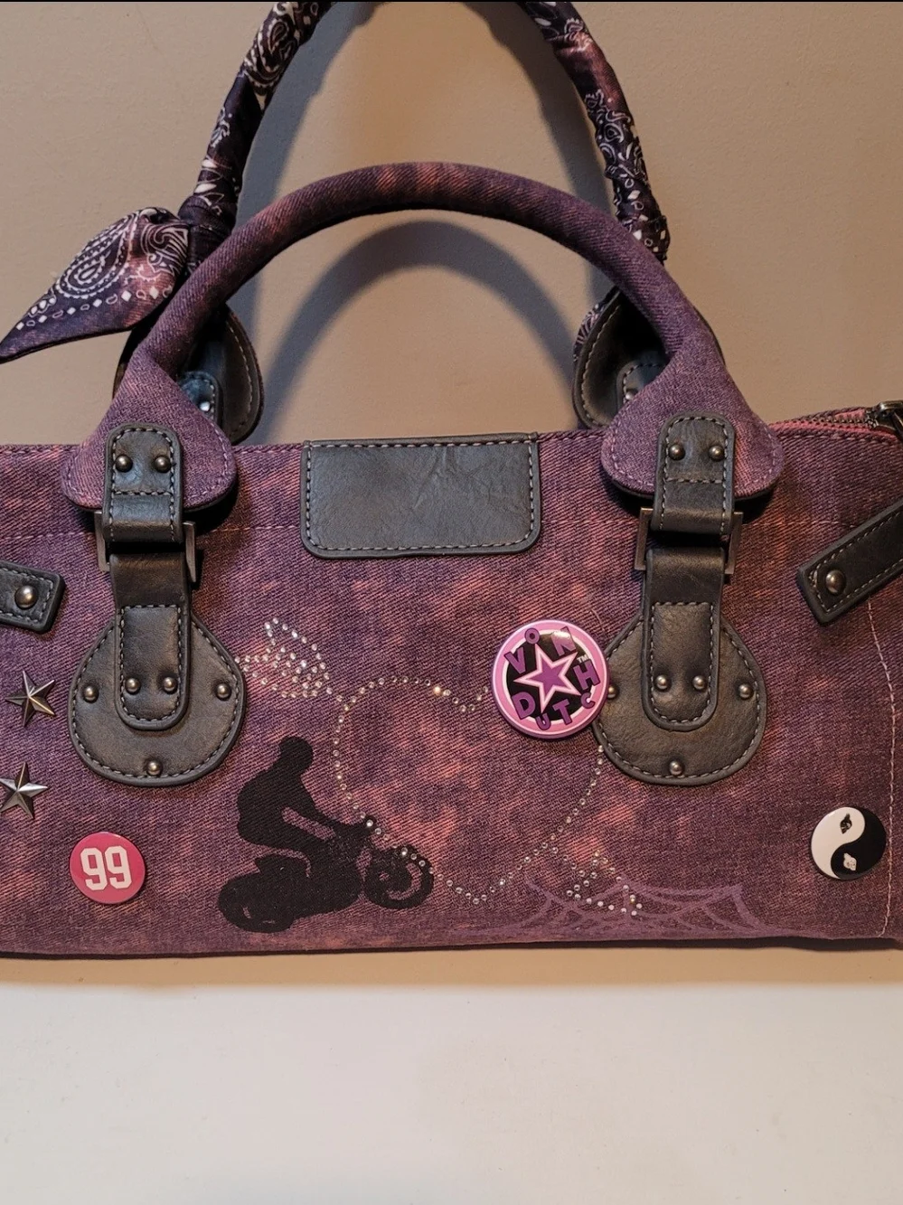 Von Dutch Purple and Pink Satchel with Logo and Bandana-Wrapped Handles